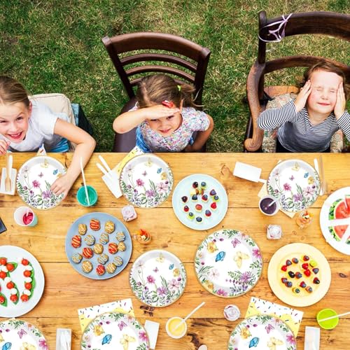 Image of 96 Pcs Wildflower Plates and Napkins Party Supplies for 24 Guests Spring Floral Tableware Plates Napkins Table Decorations Wildflower Dinnerware for Birthday Baby Shower Bridal Shower Garden Tea Party