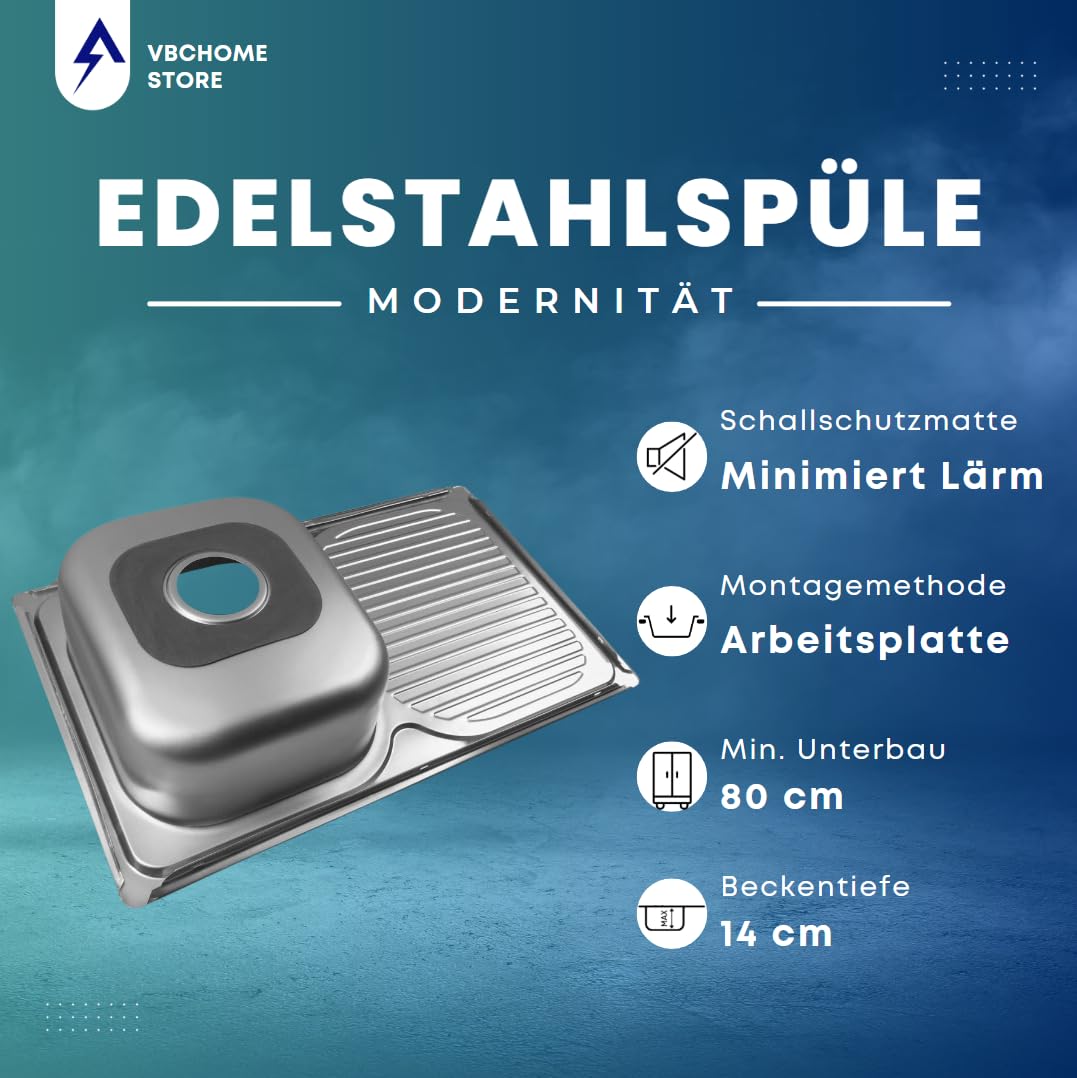 VBChome Edelstahlspüle mit Armatur 75x40x14 cm Edelstahl Glatt Küchenspüle mit Hahnloch Spüle Rechtsseitig Pflegeleichte Abtropffläche Camping Ablaufgarnitur Siphon Rechtsseitig Spül mit Armatur Inox