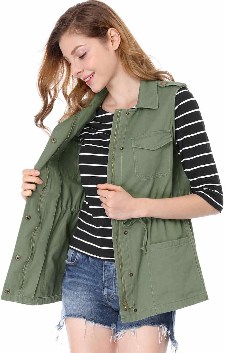 Allegra K Women's Zip Up Sleeveless Jacket Utility Anorak Outwear Cargo Vest