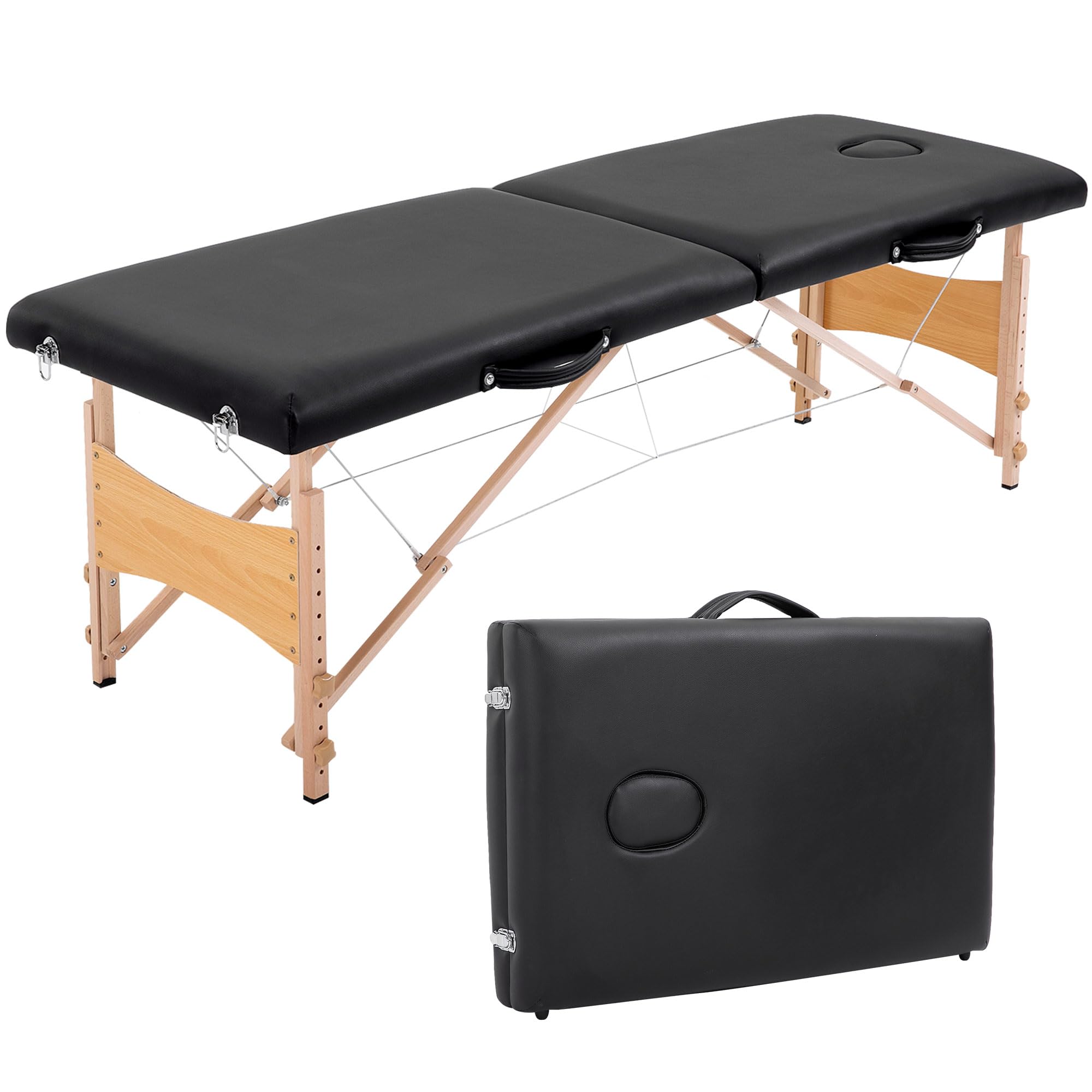 HOMCOM Table de Massage Pliante, lit de Massage 2 Zones 186 x 60 cm Portable, Hauteur réglable, Oreiller Facial Amovible, Table esthétique Tatouage en Bois de hêtre, Sac de Transport Inclus, Noir
