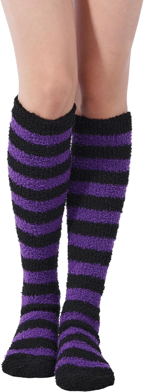 Women Knee High Socks Striped Calf Halloween Sock Thick Plush Leg Warmers