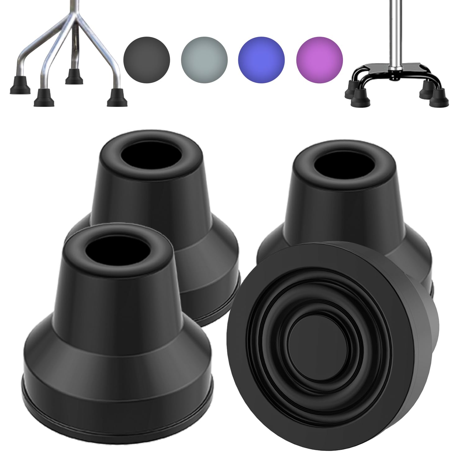 supregear Quad Cane Tips (4-Pack) - Heavy Duty Rubber Cane Tip - Non-Slip Extreme Grip Replacement Foot Pad - Accessories for Walking and Standing Stick for Women, Men, Seniors, Elderly