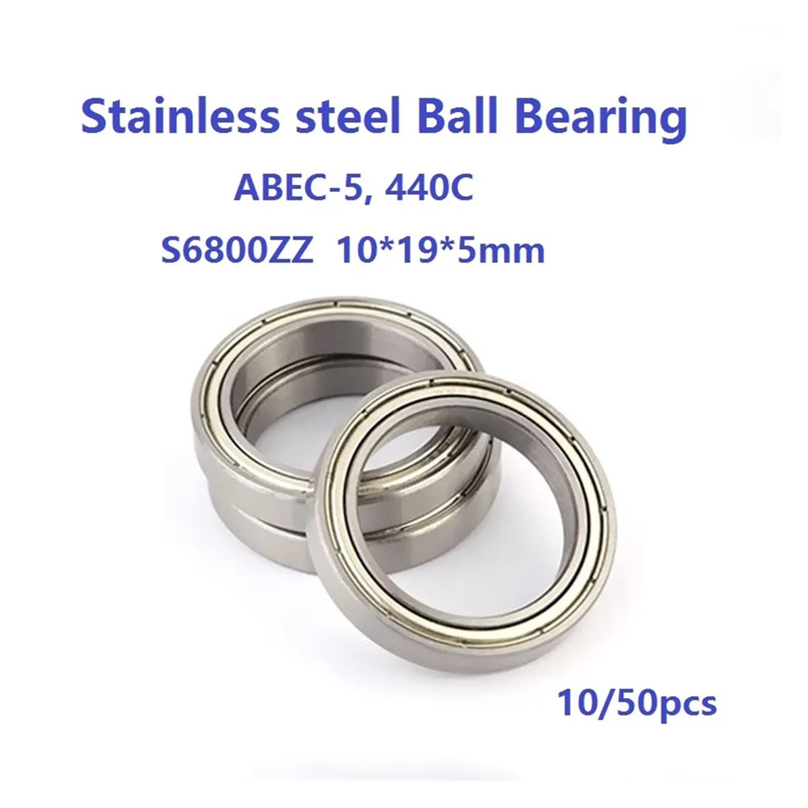 Rodamientos de Bolas de Acero Inoxidable ABEC-5 S6800ZZ S6800 de 10 x 19 x 5 mm, de Ranura Profunda y Pared Delgada, 10/50 Unidades