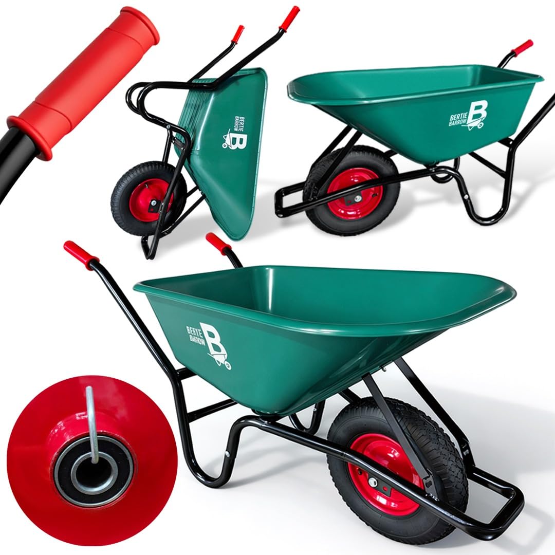 Wilcox Equimed Green Equimed Heavy Duty 100L Bertie Lbarrow | Pneumatic Tyre | 100Kg Load Capacity | Steel Rim Garden Trolley For Soil, Mulch, Gravel & Tools | Red &
