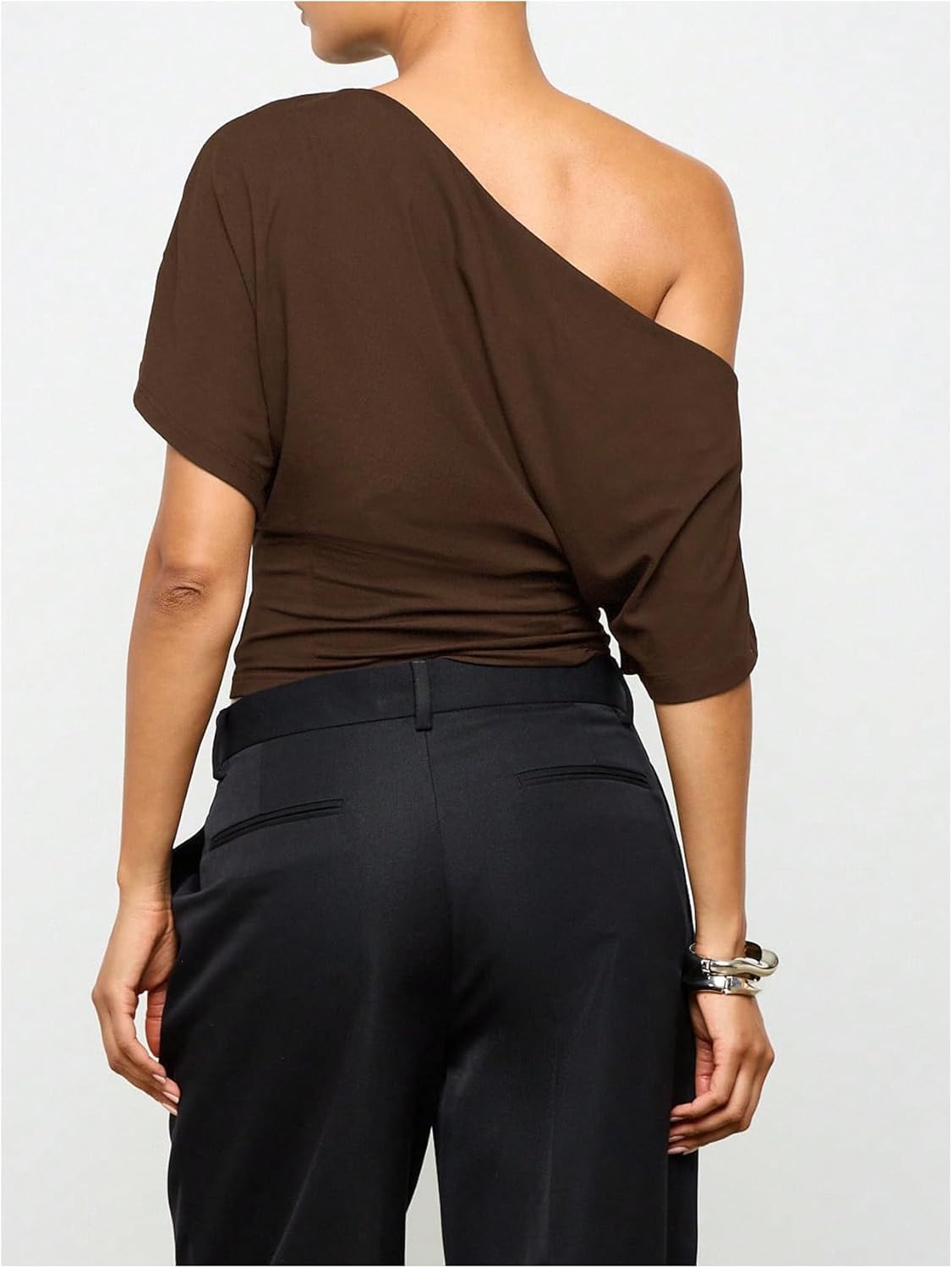 Milumia Women's Off The Shoulder Crop Top Ruched Dolman Short Sleeve Asymmetrical Y2K Going Out T Shirt - Image 4