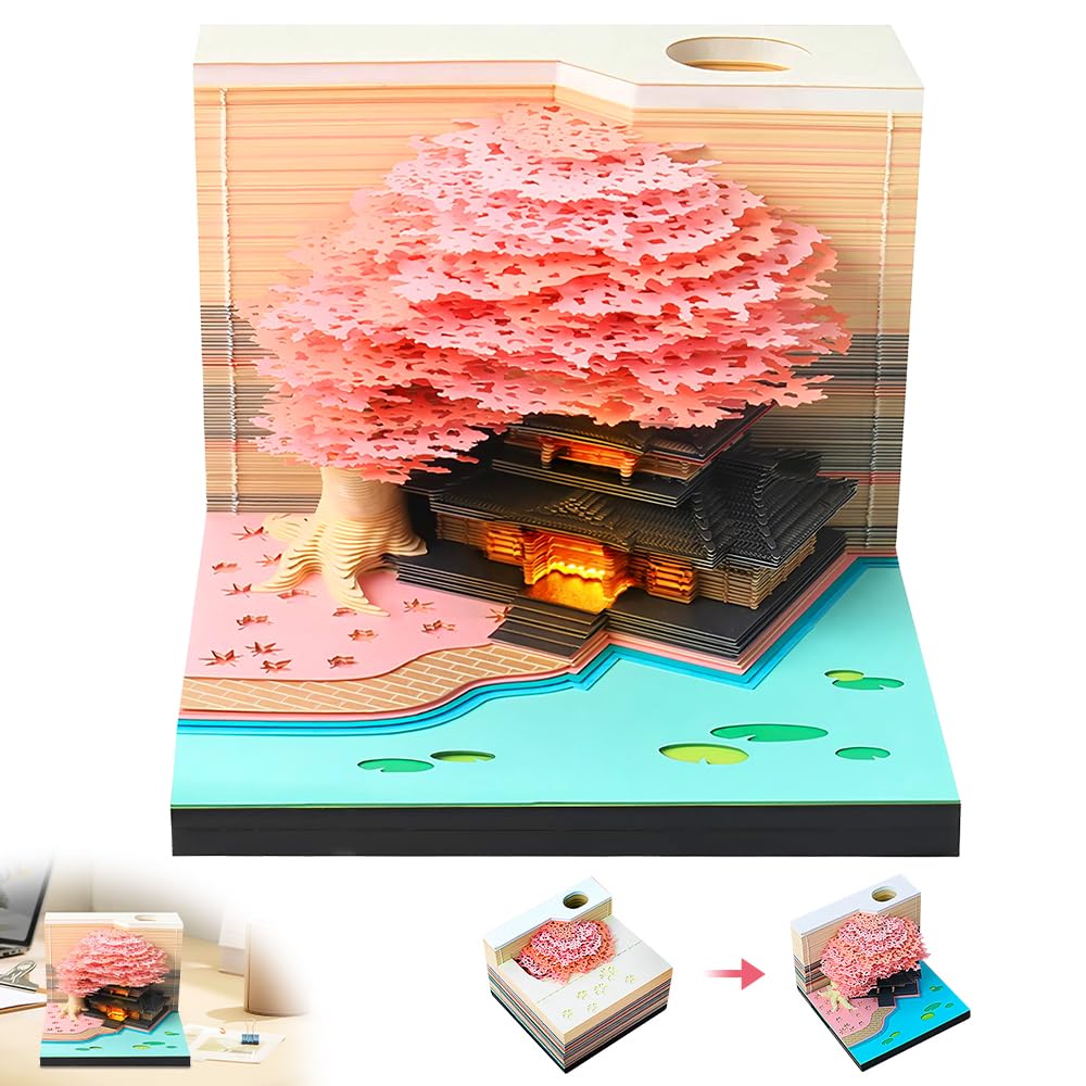 Calendrier 3D 2026 Cabane Dans Les Arbres Jaunes - Bloc-Notes Lumineux, Porte-Stylo, Sculpture Papier DIY, Décoration Bureau