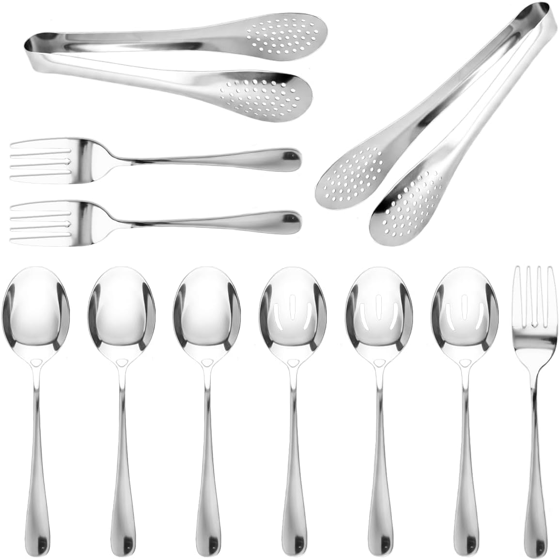 11PCS Stainless Steel Serving Utensils Set Large Slotted Spoons Food Tongs Serving Spoons Forks Multi-Purpose Gold Flatware for Buffet Dinner Party Catering Kitchen Entertaining (Gold)