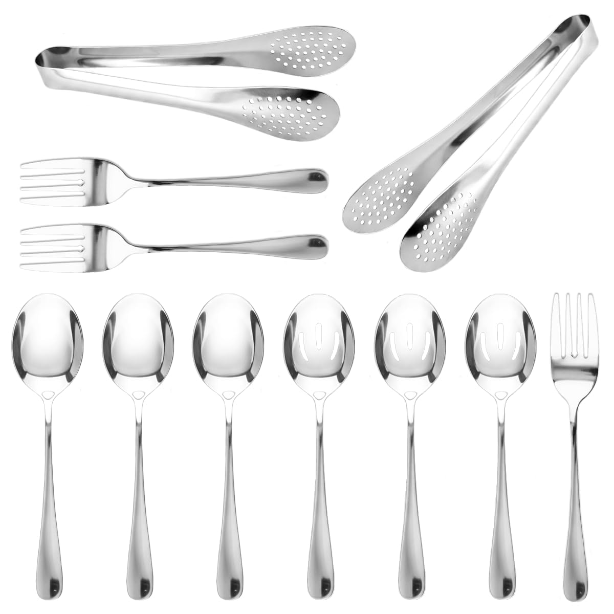 11PCS Stainless Steel Serving Utensils Set Large Serving Spoons Forks Food Tongs Slotted Spoons Multi-Purpose Silver Flatware for Buffet Catering Dinner Party Kitchen Use (Silver)