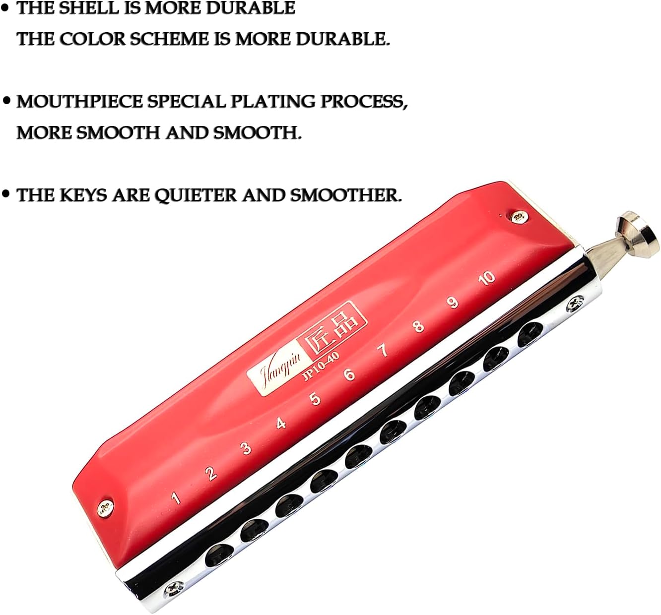 JP10-40 10 Hole Chromatic Harmonica Professional Performance C key Mouth Organ for Beginners and Students to Start Learning Harmonica (JP 10-40 Red)