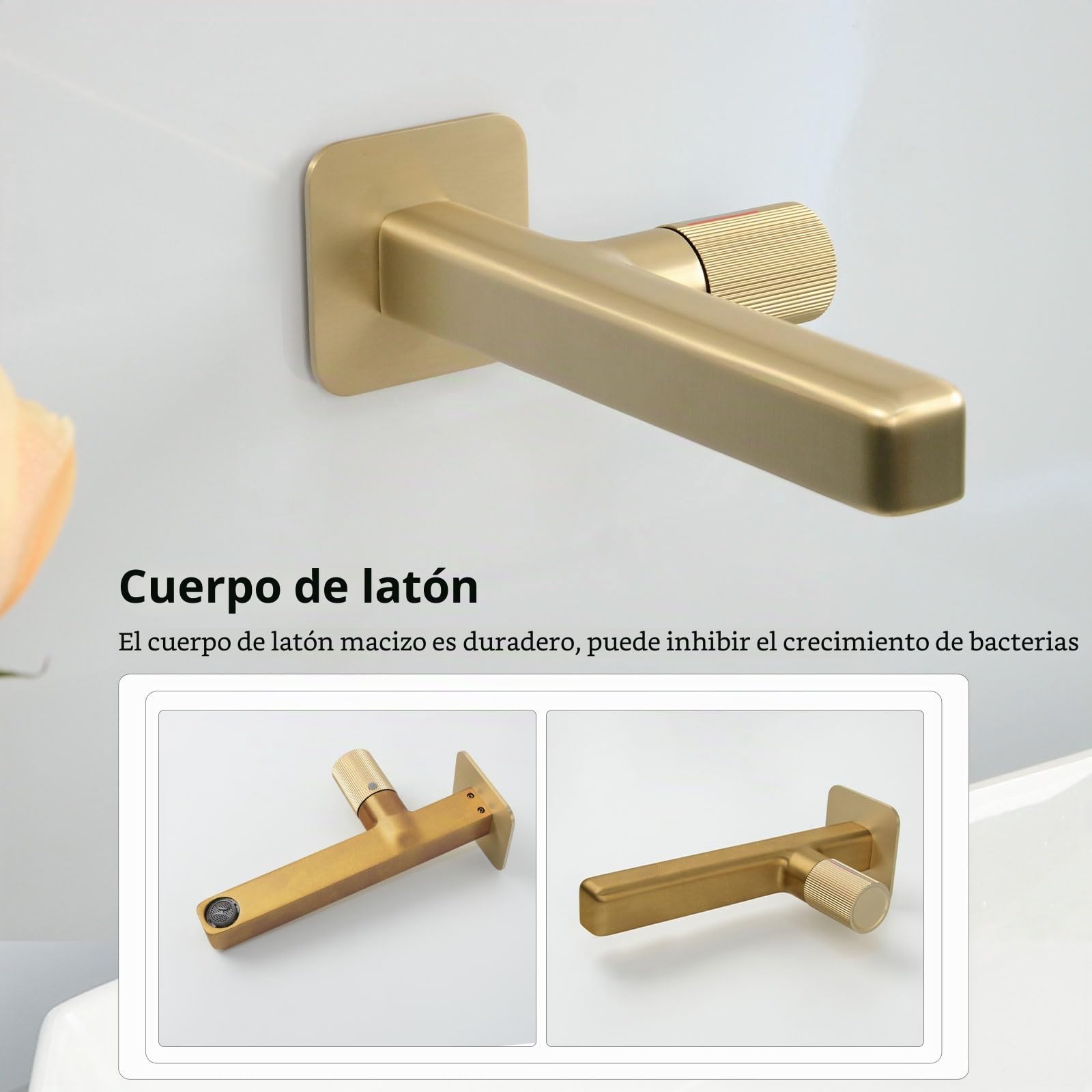 Grifo Lavabo Empotrado, Grifo de Pared Baño, Grifo Monomando Baño, Mezclador Agua Fría y Caliente, Dorado Cepillado, 8M4OK