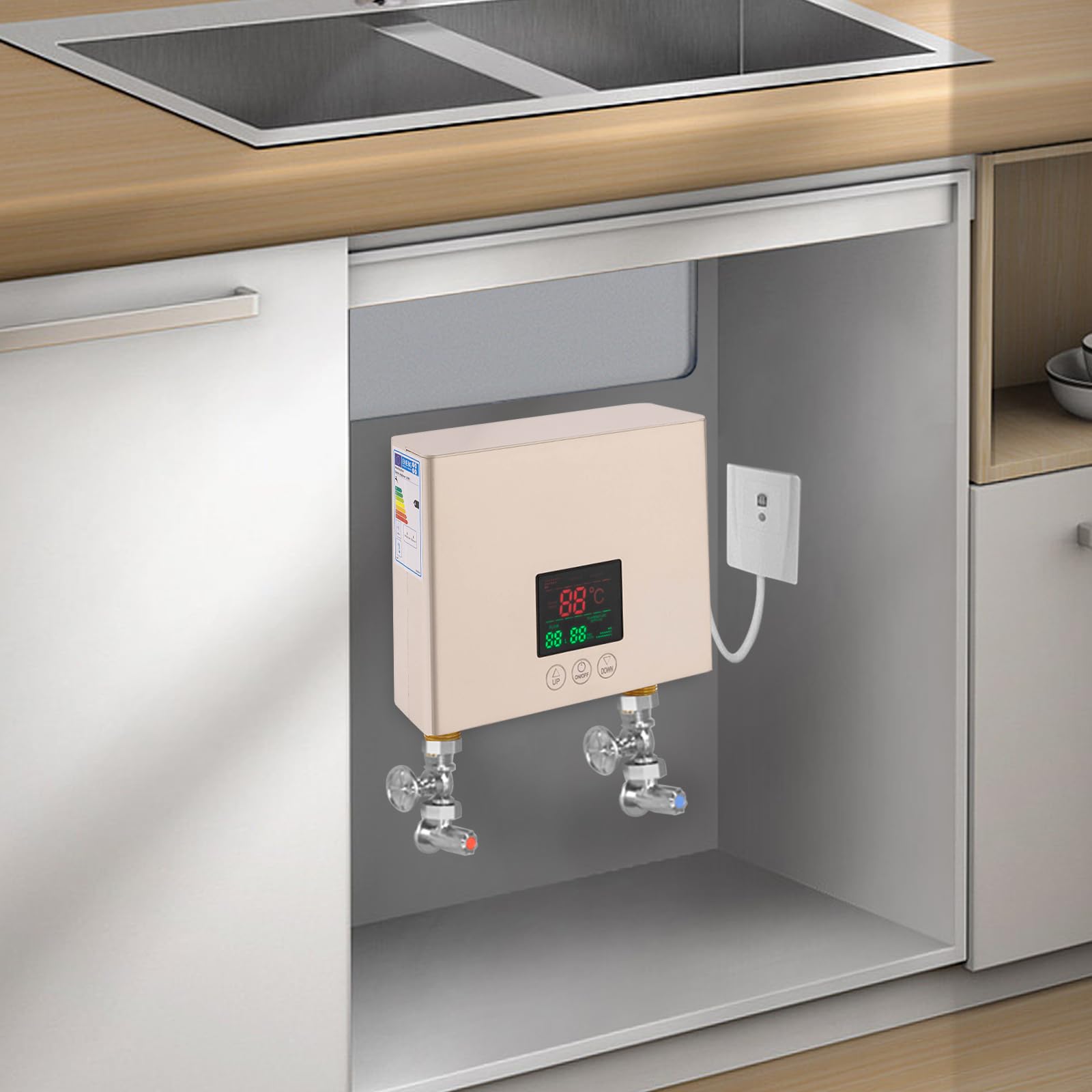 Scaldacqua istantaneo, 3000 W scaldabagno elettrico con termostato | senza serbatoio con display digitale a LED, per cucina, lavandino, regolazione della temperatura 30-55 °C