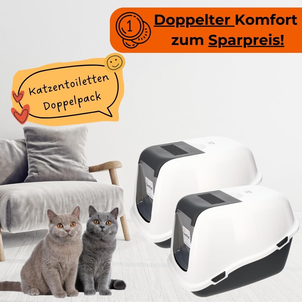 2er Set Katzenklo mit Deckel Aktivkohlefilter - Haube kippbar - extrahohe Unterschale große XXL Katzentoilette Hauben Toilette Doppelpack Sparpaket Katzentoiletten