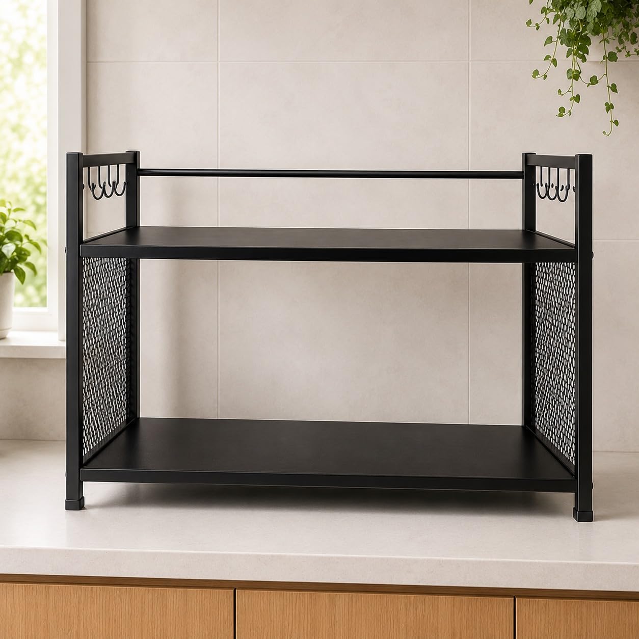 Niyara Multipurpose 2-Tier Microwave Oven Stand Rack | Heavy Duty Metal Kitchen Storage Shelf Organizer with Side Hooks for Utensils, Jars & Appliances (Premium jaali stand)-image-44
