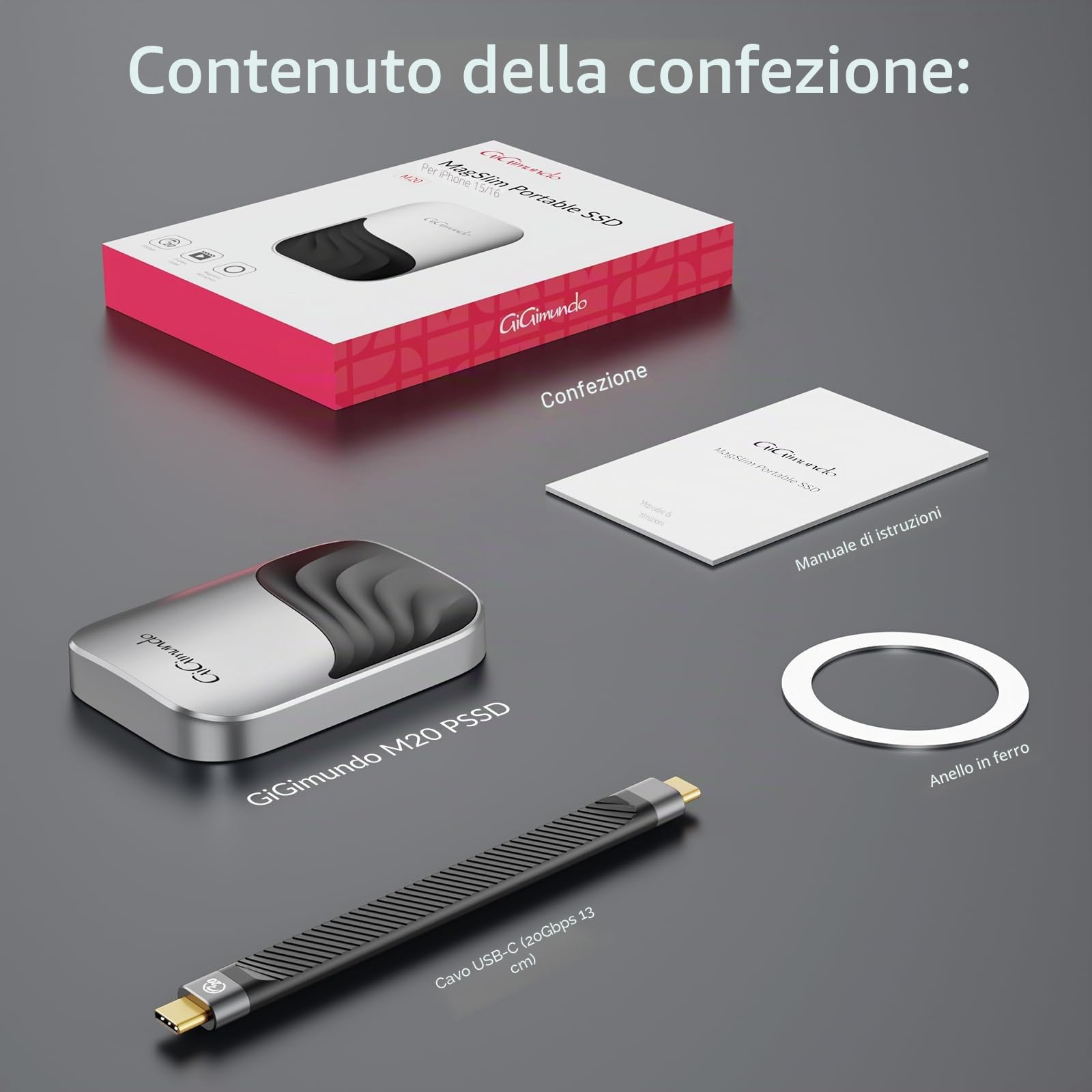 GiGimundo M20 SSD Magnetico 2TB, SSD Portatile, Resistente in Lega di Zinco, Max 2000MB/s tramite USB-C 3.2 Gen 2x2 per PC, Compatible for 15/15 Pro Max/16 Pro/16 Pro Max, Mac, Tavoletta
