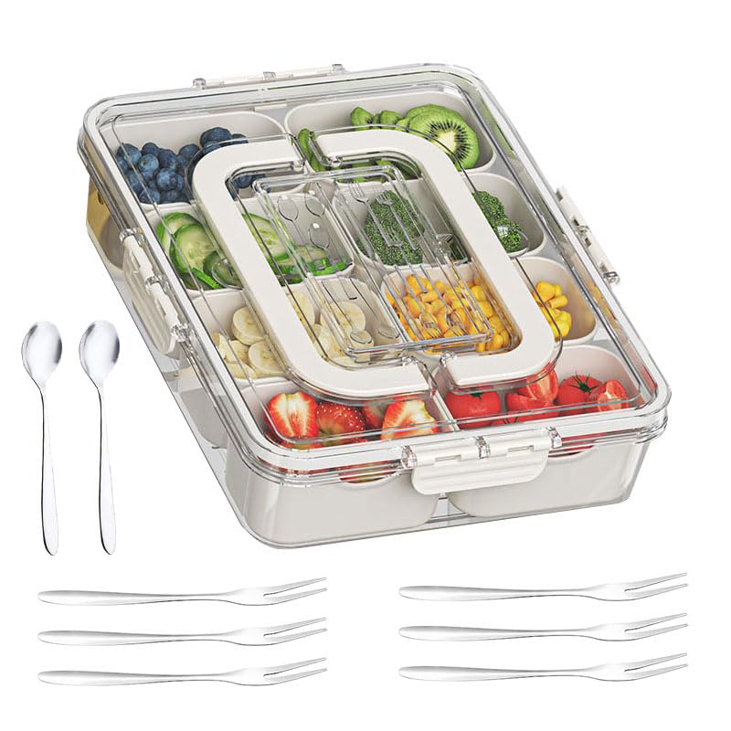 Divided Serving Tray with Lid and Handle,Snackle Box Container for Portable Snack Platters, Clear Organizer or Storage for Snacks,Fruits, Nuts and