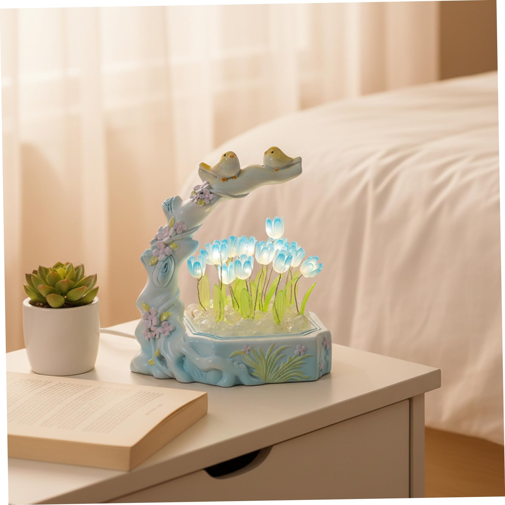 Comebachome Light up Tulips - DIY Lamp Kit Flower Night Light with Bird & Branch, LED Table Lamp for Bedroom Decor, Ready with Box & Bag, Blue, Flower Night, up