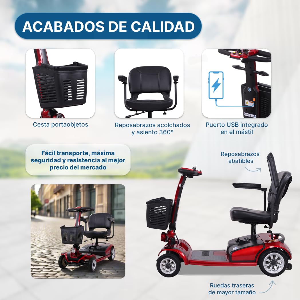 Scooter de Movilidad para Adultos 4 Ruedas 190Kg Desmontable Luces LED Dortomedical®