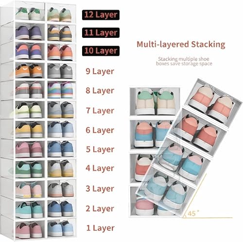 Miniatura 5 de Paquete de 12 cubos de almacenamiento de zapatos, organizador de zapatos apilable de plástico transparente para armario, zapatero plegable que