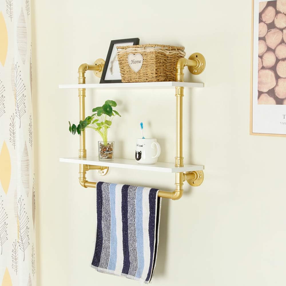One-Day Sale: Up to 70% Off Ethemiable Industrial Vintage Pipe Bathroom Shelves,24in Wood Shelf with Towel Bar,Wall Mounted 2 Tier Storage Towel Rack,Metal Floating Shelving Towel Holder,Rustic Farmhouse Shelf (24 L, Gold) Super Brands Ethemiable Industrial Vintage Pipe Bathroom Shelves,24in Wood Shelf with Towel Bar,Wall Mounted 2 Tier Storage Towel Rack,Metal Floating Shelving Towel Holder,Rustic Farmhouse Shelf (24 L, Gold)