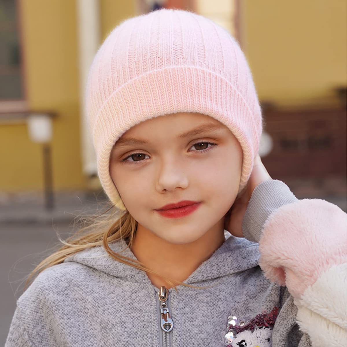 Bonnet en Tricot Parent-Enfant, 100% Cachemire Chaud Hiver Chapeau pour Enfants Bébé, Bonnet/Beanie Tricoté Slouchy, Filles Garçons Casquette de Ski Chapeaux de Protection des Oreilles Kid Pink