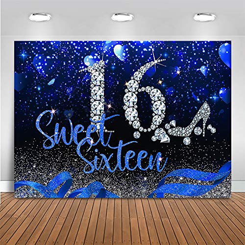 Image of Mocsicka Blue Silver Sweet 16th Birthday Backdrop 7x5ft (82x60 inch) Vinyl Material Blue Heart Diamonds Background Party Banner Decoration