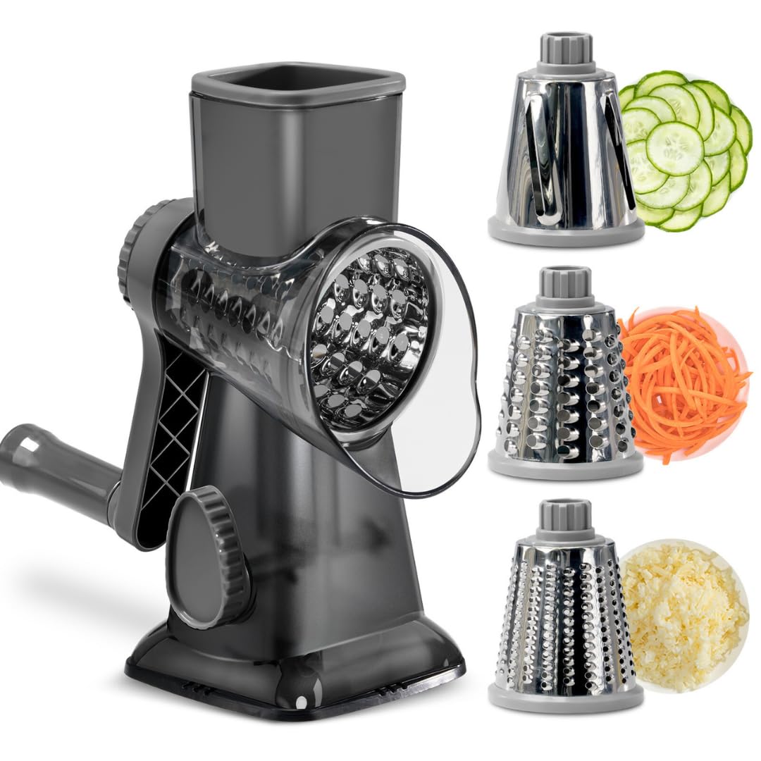 Rotary Cheese Grater Hand Crank Cheese Shredder Vegetable Slicer Graters for Kitchen 3 Interchangeable Blades Parmesan Cheese Grater Handheld - Easy to Use and Clean (Black)