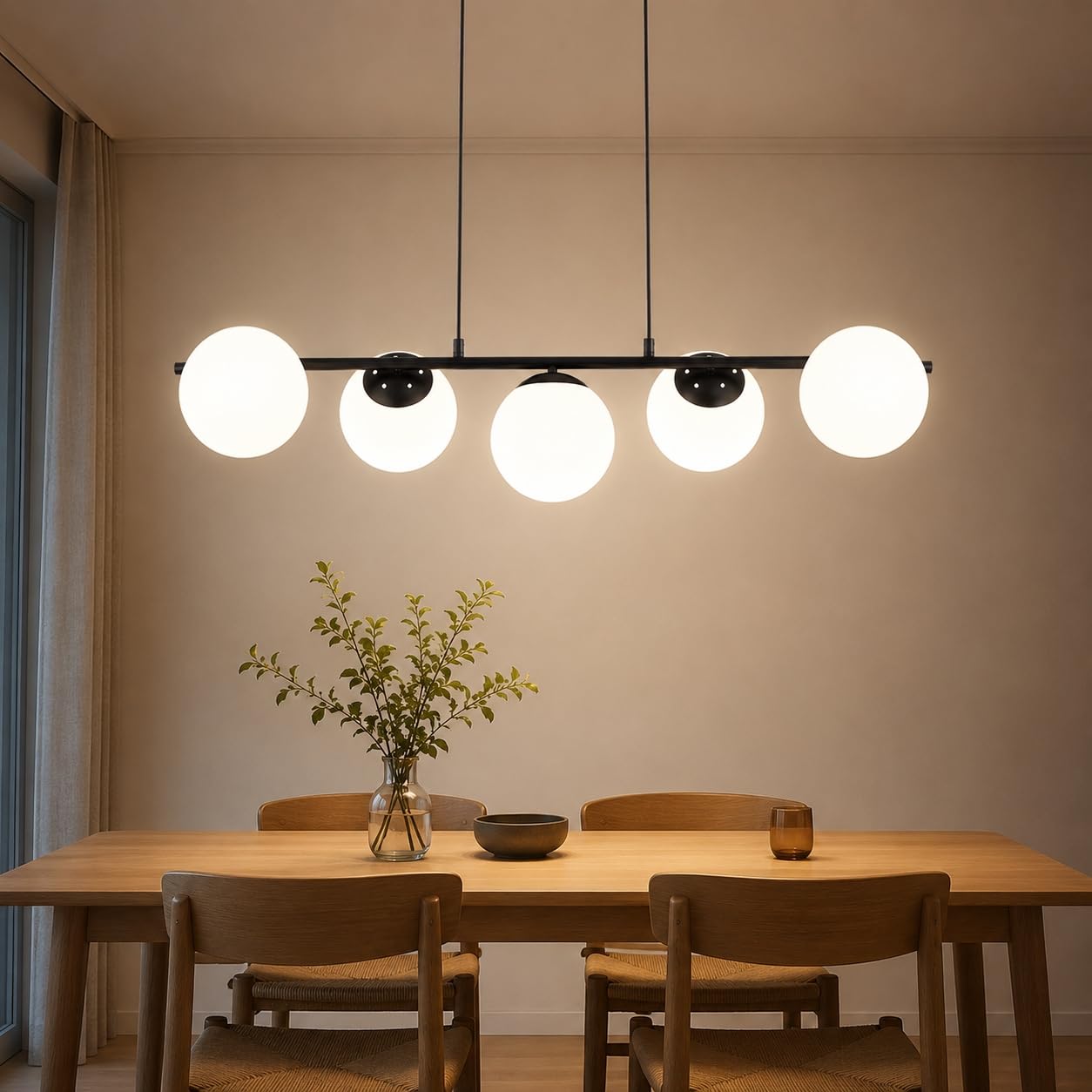 ZMH Lámpara colgante negra de cristal con 5 luces E27 | Altura ajustable hasta 150 cm para mesa de comedor o salón bombillas no incluidas