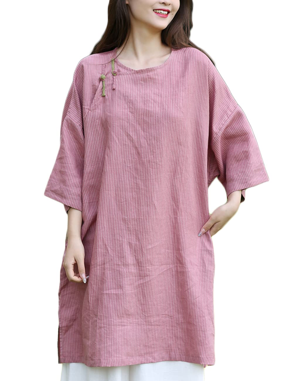 NFYM Abito da donna in cotone e lino a righe con maniche lunghe a 3/4 al ginocchio in stile retrò asiatico con tasche