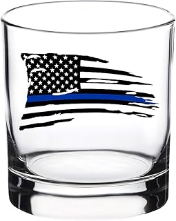 Rogue River Tactical Tattered Thin Blue Line Old Fashioned Whiskey Glass Drinking Cup Gift For Police Officer Law Enforcement