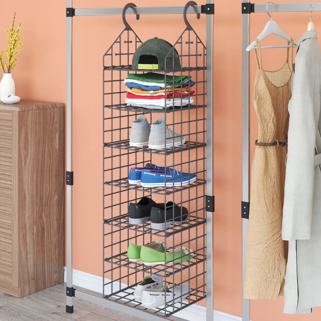 Almacenamiento colgante para armarios con 7 compartimentos, gris, material PP y PE, 31 x 31 x 113 cm, organizador de armario para barra de ropa, ahorra espacio, estable, ideal para