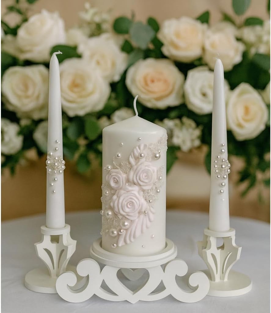 Unity Candle Set for Wedding Ceremony with White Wooden Taper Candle Holders Included, Handmade White Floral Pillar 6" х3 Candle, 3 Piece Christian Marriage, Long Burning, Unscented Gift
