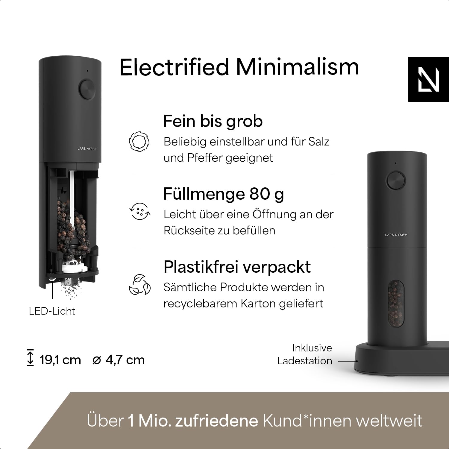 LARS NYSØM Salz und Pfeffermühlen Elektrisch Set I Keramikmahlwerk fein bis grob I USB Wiederaufladbar mit Ladestation I Automatische Salz und Pfefferstreuer I Gewürzmühlen Set (Carbon Black)