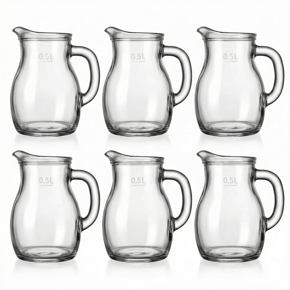 Set da 6 Caraffa 50 cl brocca con manico in Vetro Trasparente Acqua Vino Bevande succhi spremute Bist-rot Borm-ioli con Segnalimite MID per Servizio Professionale