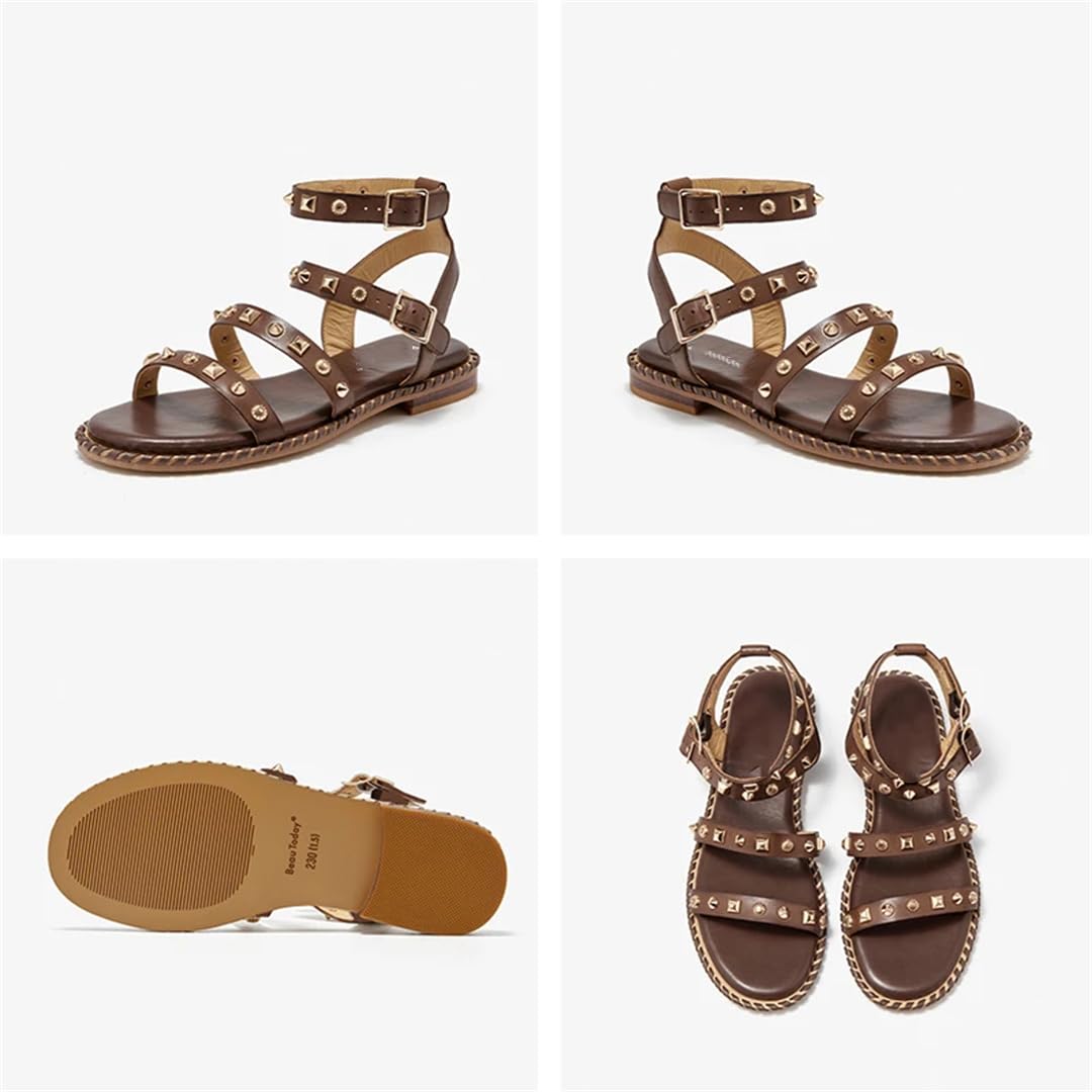 Sandalias básicas de piel de vaca con correa de tobillo y tacón plano para mujer, estilo informal, con hebilla, café, 38.5 EU