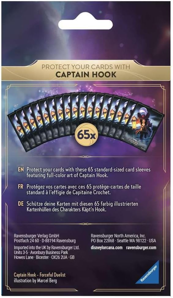 Ravensburger Disney Lorcana TCG Card Sleeves Featuring Captain Hook – Forceful Duelist by Marcel Berg | 65 Protective Sleeves for TCG Decks | Ages 8+