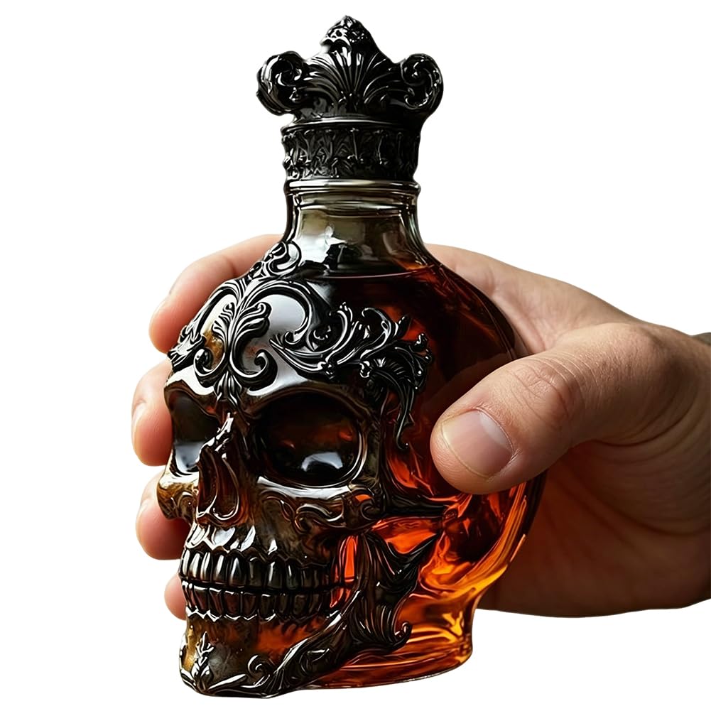 Botella de vino de cristal con cabeza de esqueleto con tapón, regalo para hombres y mujeres, botella de decoración de calavera, regalo para góticos y amantes