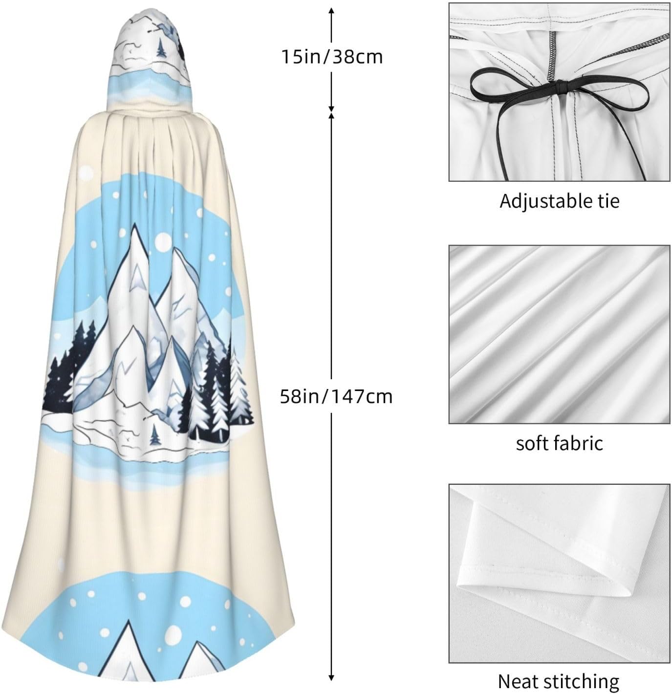 Snow-Capped Mountains Men Women Halloween Role Play Party Decoration Hooded Poncho