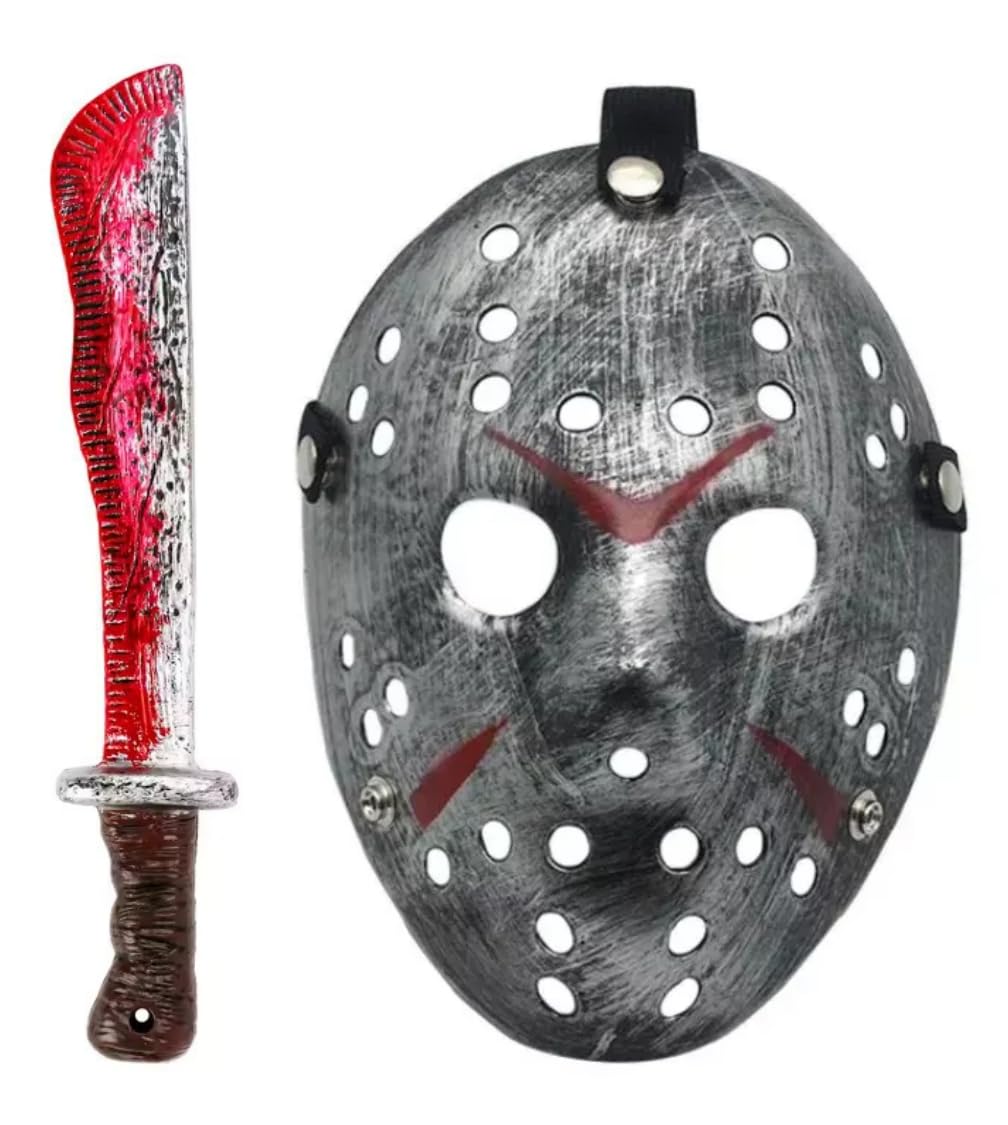 Boolavard Cosplay Machete Costume Halloween Horror Movie Hockey Mask for Adult Scary Halloween Party (Silver)