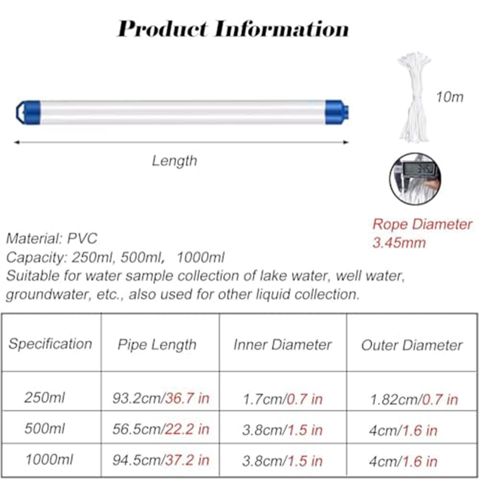 Tubo de muestra de agua de PVC ajustable de 0,25 l/0,5 l/1 l, kit de muestreo líquido para pruebas de agua de pozo profundo, ríos y lagos