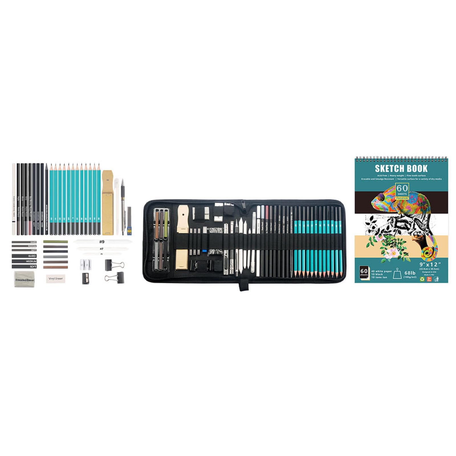 TOYANDONA Kohlestiftset für Hobbyisten und Teenager, 1 Satz zum Zeichnen | Leichtes Design, Geeignet für Schattieren, Blenden und Entwurf, Materialien Nylon, Holz, Metall, Papier