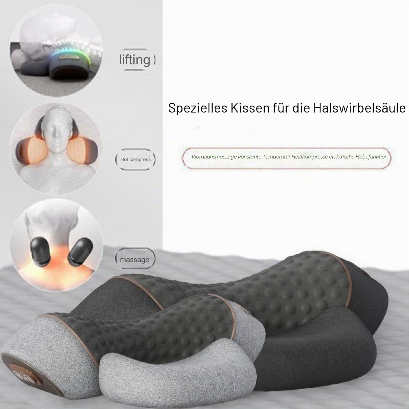 Callixe Thera Kissen Massage, Beheiztes Massage Nackenkissen, Ergonomisches Massagekissen für Nacken, Einstellbares Memory-Schlafkissen (Massage/Heißkompresse/Airbag-Traktion) (Grau)