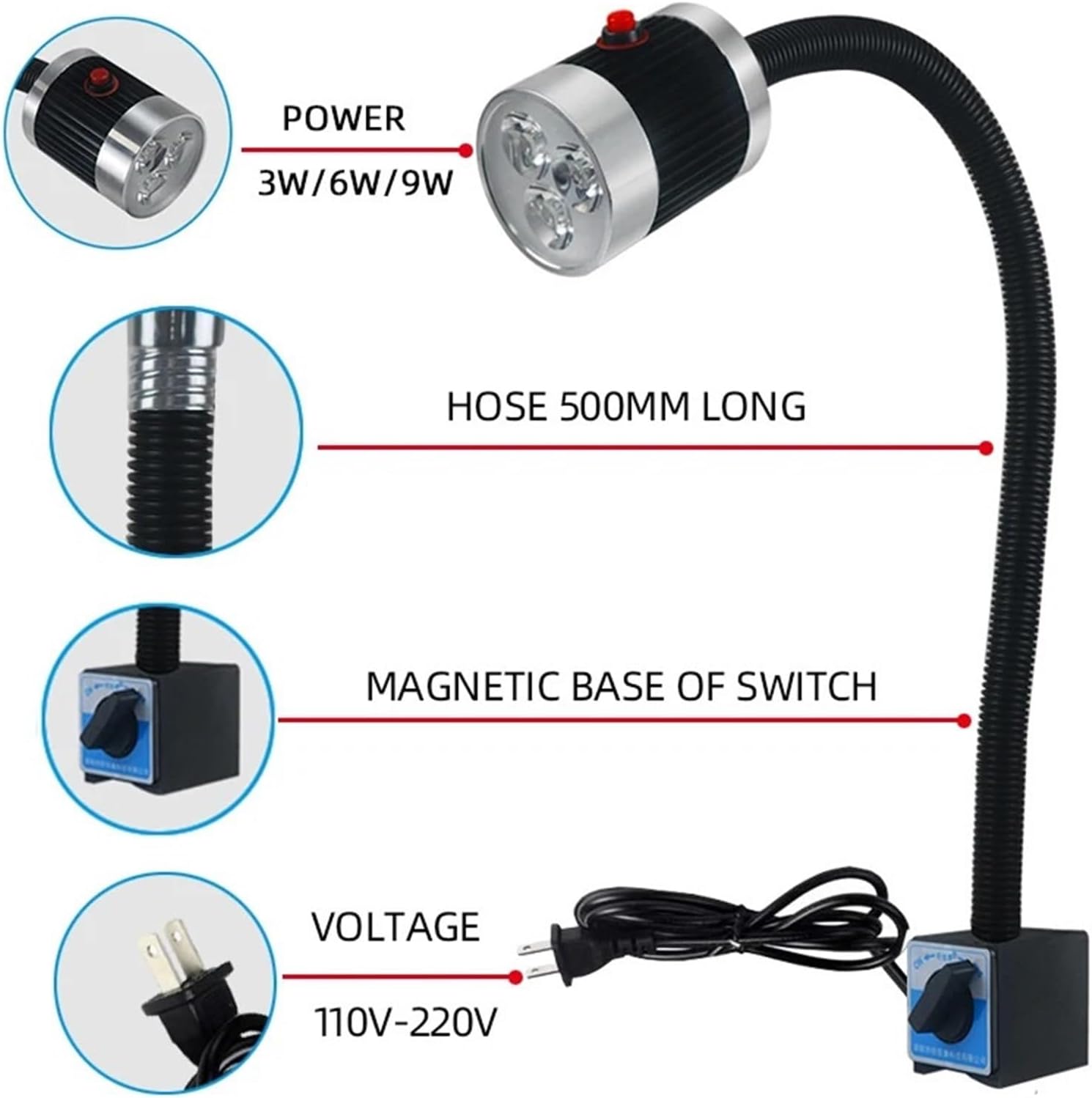 1pcs LED Computerized Numerical Control Machine Tool Work Lamp Lathe Long Gooseneck Workshop Working Lights 3/6/9W Super Bright Industrial Lamp Sewing(Clip Base,9W)