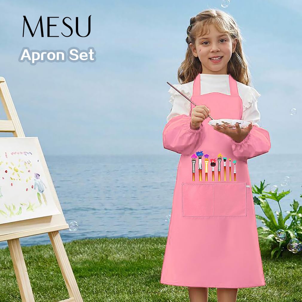MESU Kids Art Smock Aprons Child Chef Apron for Art Painting Cooking Pink M, M : Fit Height 90-120cm - Image 2