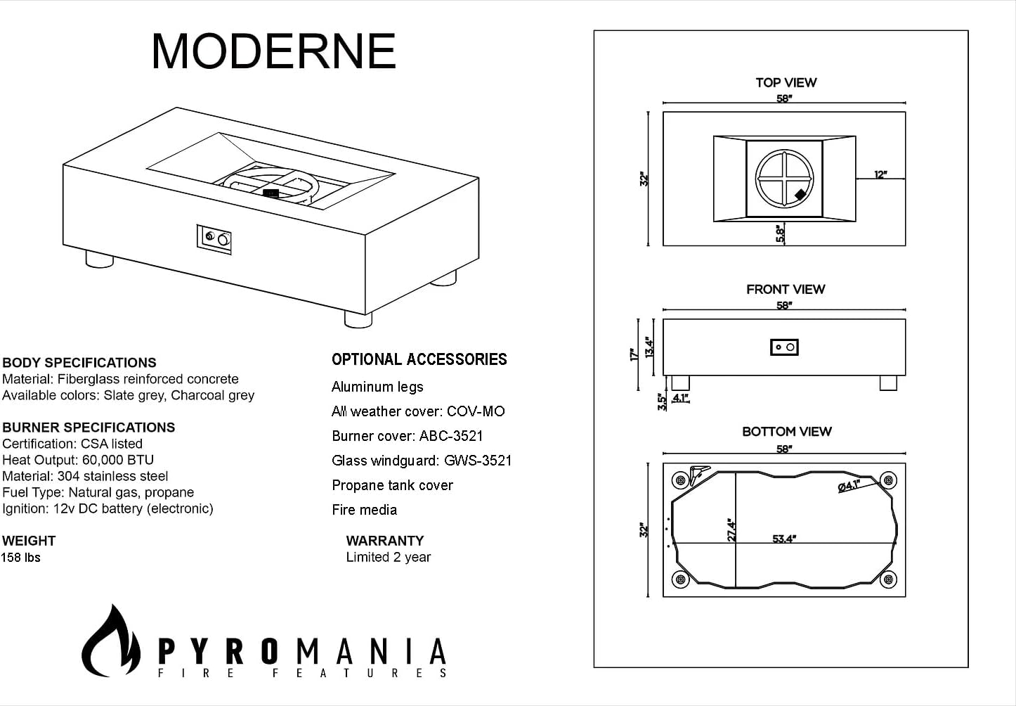 Pyromania Moderne Outdoor Concrete Fire Table, 58 x 32 Inches - Natural Gas Model in Slate Gray Color