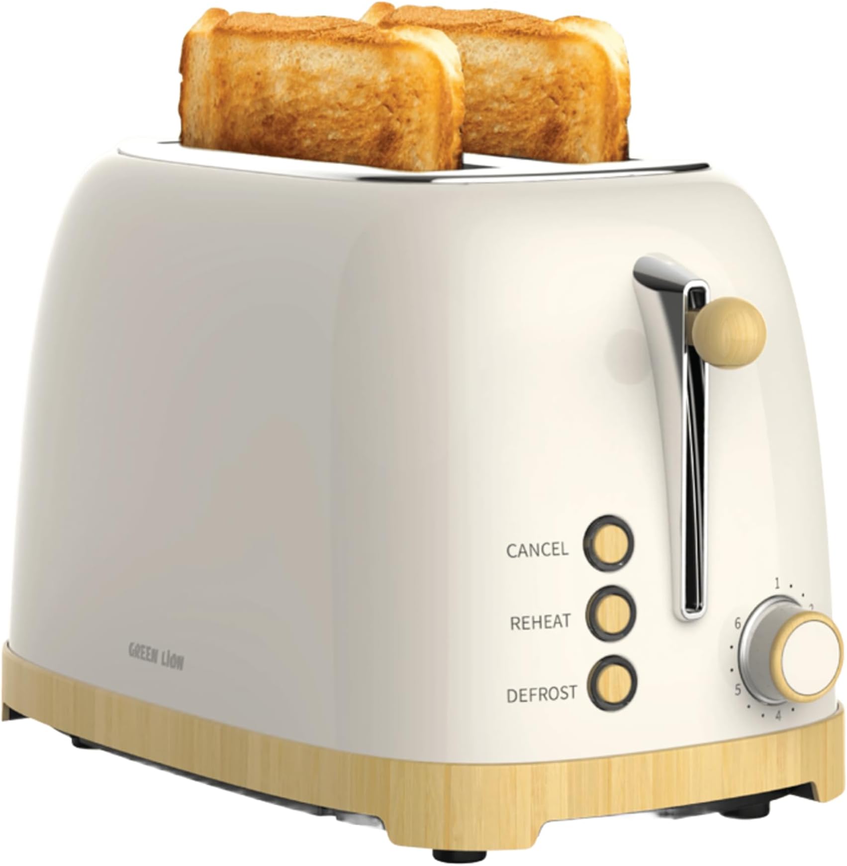 Green LionClassic Toaster 6 Level Browning 815W, 2 Slice Toasting, Automatic Pop-Up, 30S Quick Reheat, Cancel Button, High Lift Lever, 38mm Wide Slots, Removable Crumb Tray - Beige