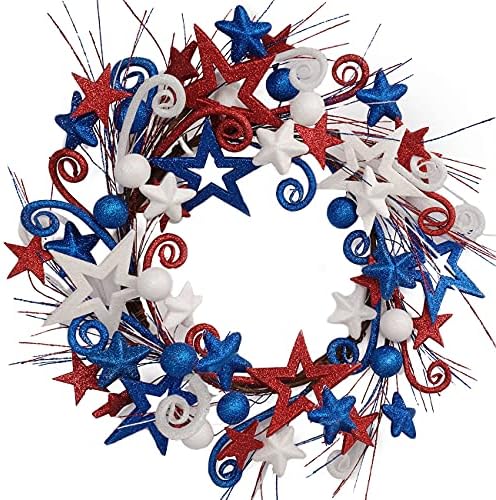 Bibelot 18in Red White Blue Artificial Floral Twig Wreath American Flag Wreath Patriotic Decorations Wreath 4th of July Independence Day Flag Day Hanging Decoration (Red White Blue Stars Wreath)