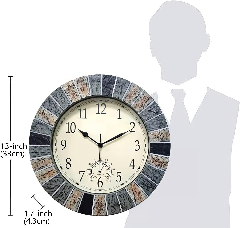 Miniatura 3 de UMEXUS Reloj para exteriores con termómetro, 13 pulgadas, retro, grande, impermeable, para interiores, silencioso, sin tictac, funciona con pilas,