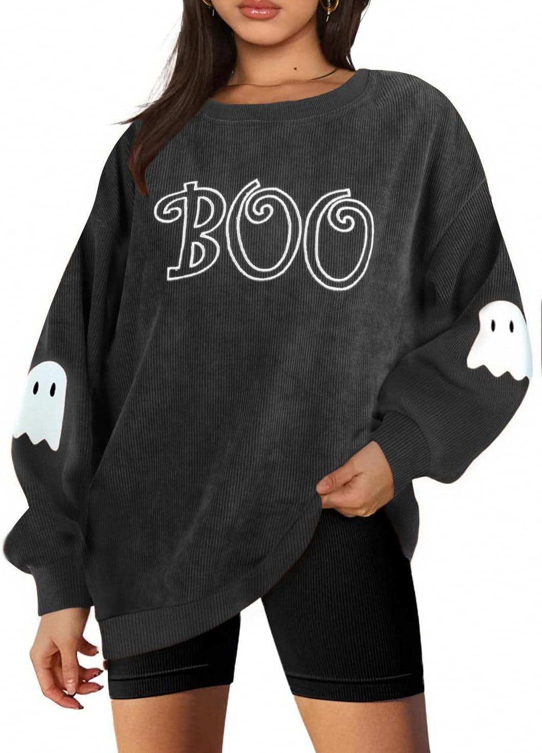 KIDDAD Halloween Sweatshirts for Women Boo Crewneck Sweater Tops Cute Ghosts Graphic Shirts Spooky Fall Pullover Top Black Large