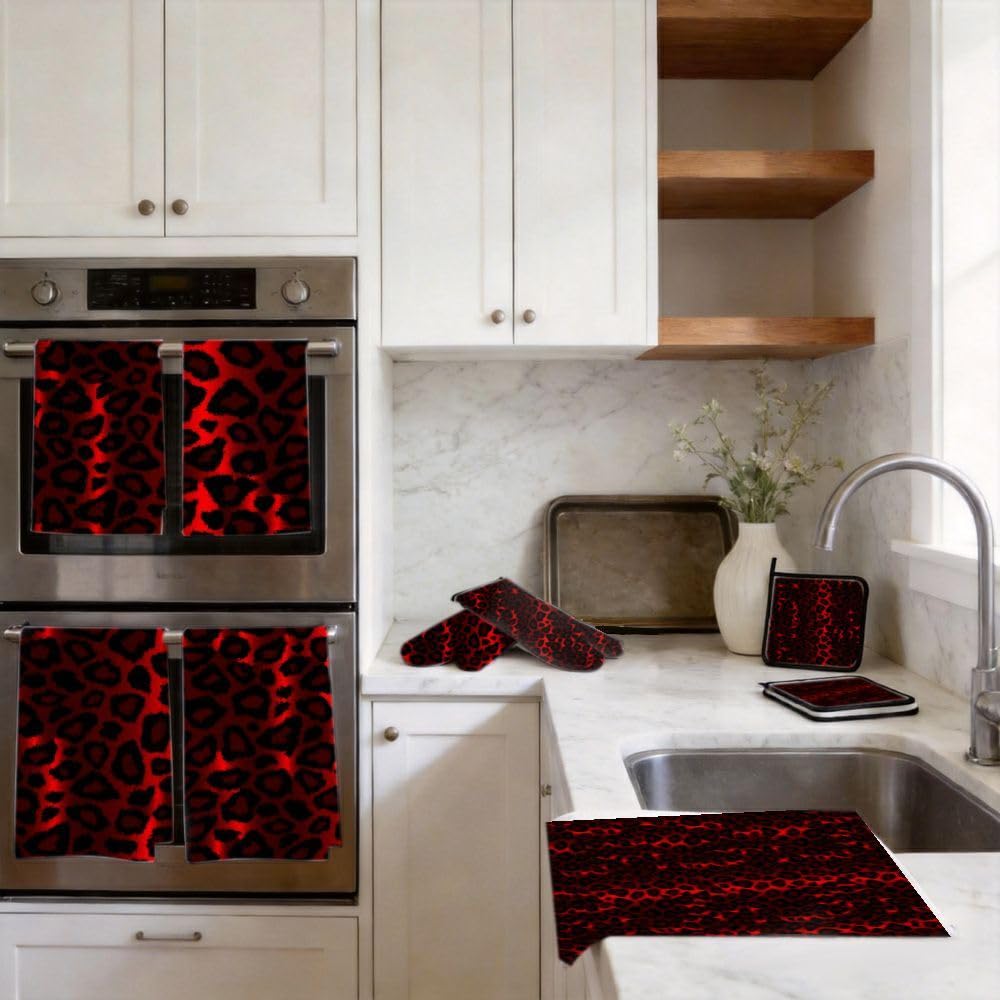9PCS Red Leopard Print Cucina Decor e Accessori Set