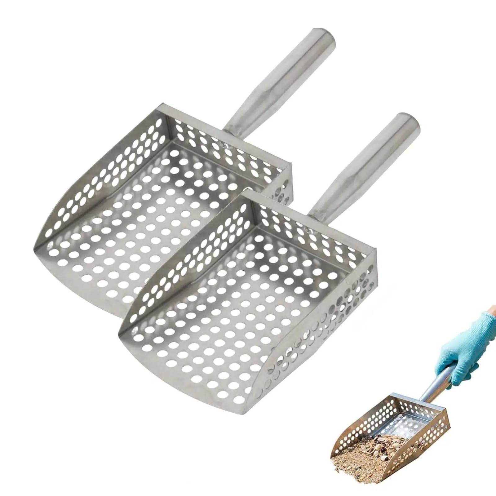 Râteau à sable, pelle à sable pour détection de métaux, tamis de plage en acier inoxydable robuste avec poignée, râteau et tamis pour la chasse au trésor et le peignage de plage (2)